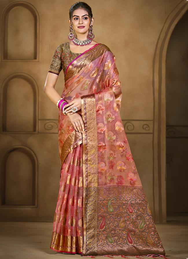 Organza Pink Festival Wear Weaving Saree